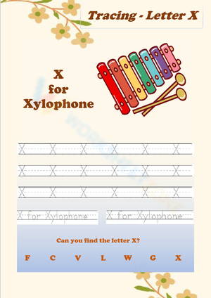 Letter X Tracing Worksheet with Xylophone 