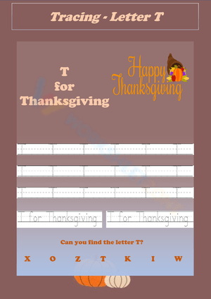  Letter T Tracing: Thanksgiving