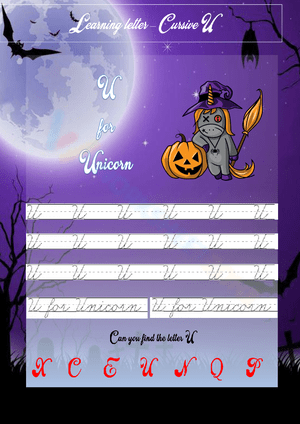 Learning Cursive Letter U-Halloween Worksheet
