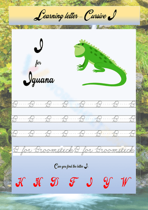 Cursive I Tracing Practice with Iguana