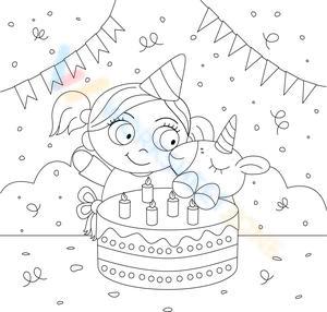 Little girl and her teddy with a birthday cake