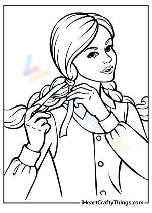 Girl Braiding Hair Coloring Page for Tweens