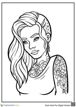 Modern Woman Coloring Page with Floral Tattoo Design