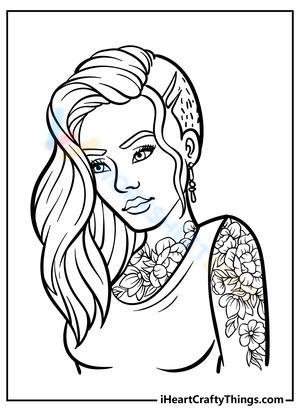 Modern Woman Coloring Page with Floral Tattoo Design