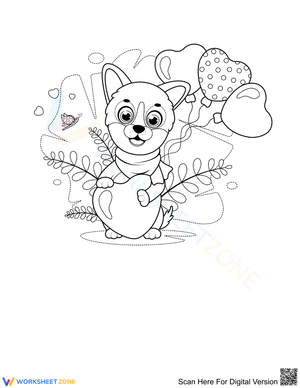 Puppy holding heart and balloons