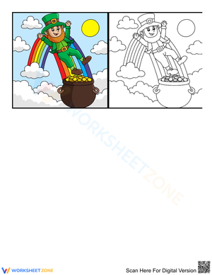 A leprechaun slides on the rainbow