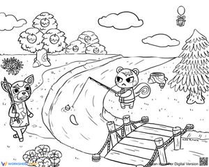 Villagers by the River Coloring Page | Essential Printable