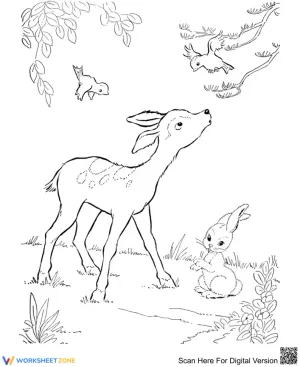 A deer playing with a rabbit and two birds