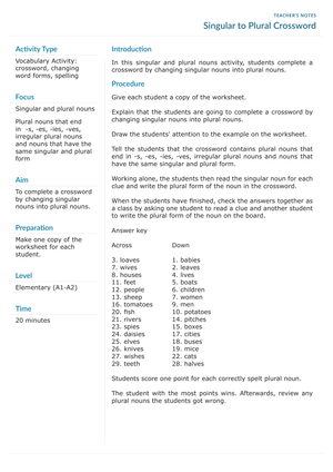 Singular to Plural Crossword Puzzle