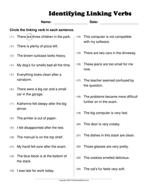 Identifying Linking Verbs Worksheet