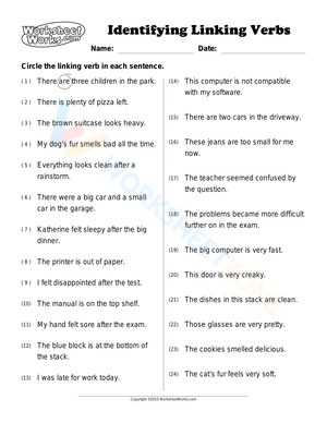 Identifying Linking Verbs Worksheet