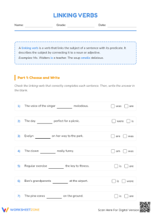 Printable Linking Verbs Worksheet | Grade 3 ELA