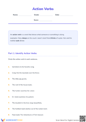 Action Verbs Worksheet - Identifying Action Verbs in Sentences