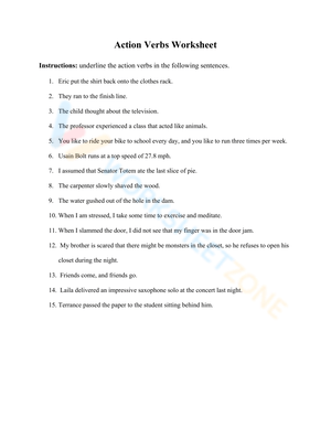 Action Verbs Worksheet Activity