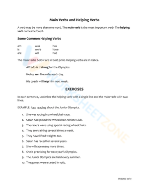 Main Verbs and Helping Verbs Worksheet