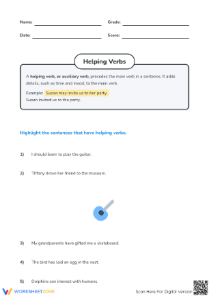 Grade 4 Helping Verbs — Printable No-Prep Worksheet