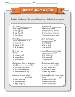 Adjective Order Quiz Worksheet
