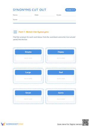 Synonyms Cut and Paste Worksheet | Grade 1-5 Essential