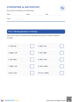 Essential Synonyms & Antonyms Worksheet | Grade 4 Ready