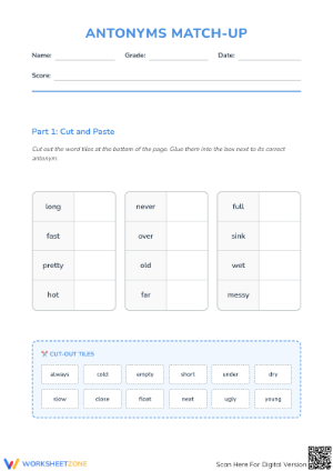 Antonyms Match-Up Worksheet | Grade 1-5 Essential