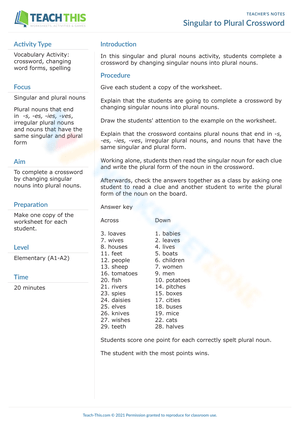 Solve Singular to Plural Nouns Crossword