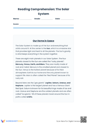 Grade 3 Solar System Reading — Printable No-Prep Worksheet