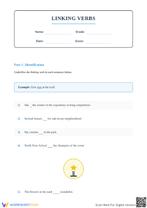 Printable Linking Verbs Worksheet | Grade 4 ELA