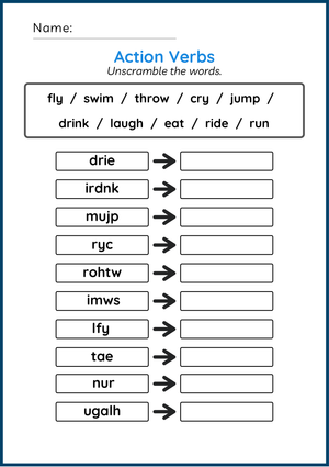 Action Verbs – Fun Word Unscramble Exercise for Kids