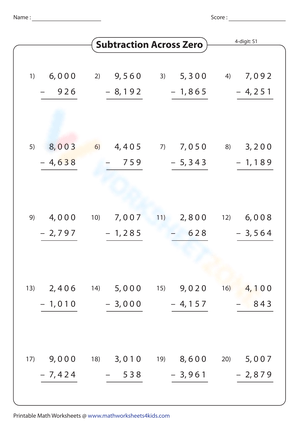 4-Digit Subtraction Across Zero Math Worksheet for Kids