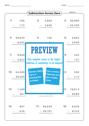Subtraction Across Zero – Math Worksheet for Kids