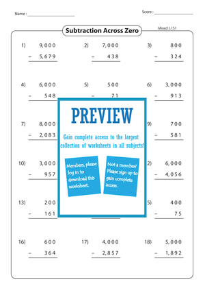 Subtraction Across Zero Worksheet for Math Practice