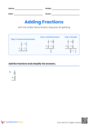 Printable Worksheet: Adding Unlike Denominators