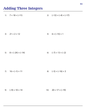 Adding Three Integers Practice Worksheet