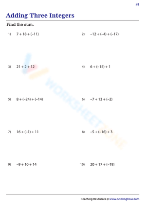 Adding Three Integers Practice Worksheet