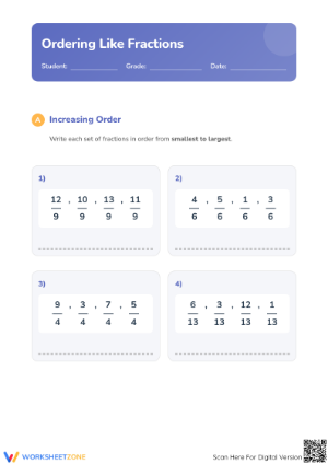 Ordering Like Fractions Worksheet | Grade 4 Printable