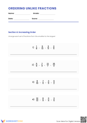 Printable Ordering Unlike Fractions Worksheet | Grades 3-5