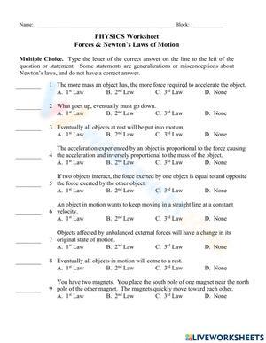Forces and Newton's Laws of Motion Worksheet