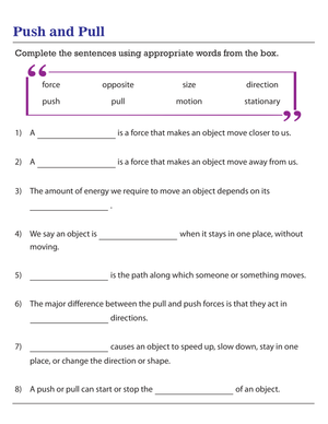 Push and Pull Vocabulary Worksheet