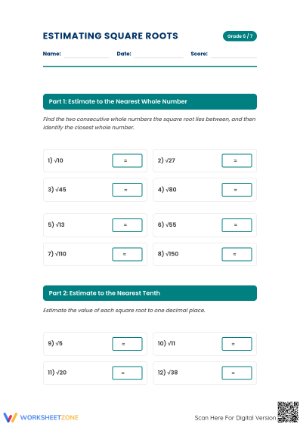 Printable Estimating Square Roots Worksheet | Grade 6-7 Math