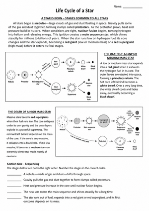 Life Cycle of a Star Essential Worksheet | Grades 8-10