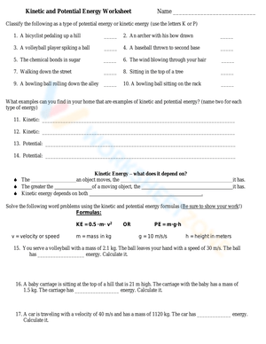 Kinetic and Potential Energy Worksheet