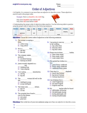 Order of Adjectives Worksheet