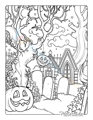 Carved pumpkins hanging in graveyard