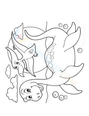 Plesiosaurus swimming with flying dinosaur above
