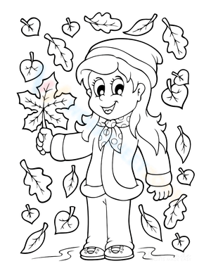 Girl in Autumn Leaves Illustration