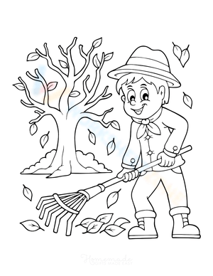 Boy Raking Fallen Leaves Illustration