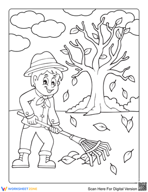Boy Raking Fallen Leaves Illustration