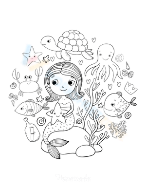 Girl Mermaid with Sea Creatures Illustration