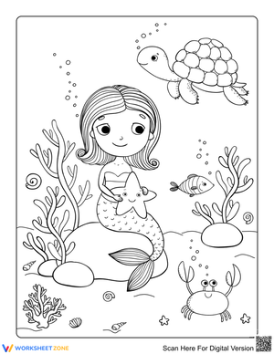 Girl Mermaid with Sea Creatures Illustration