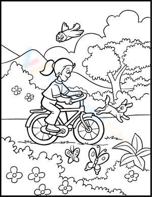 Girl Riding Bike in Spring Illustration Worksheet